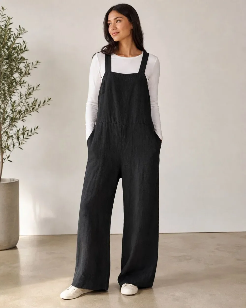 Quince Large Black 100% European Linen Square Neck Wide Leg Jumpsuit Pockets